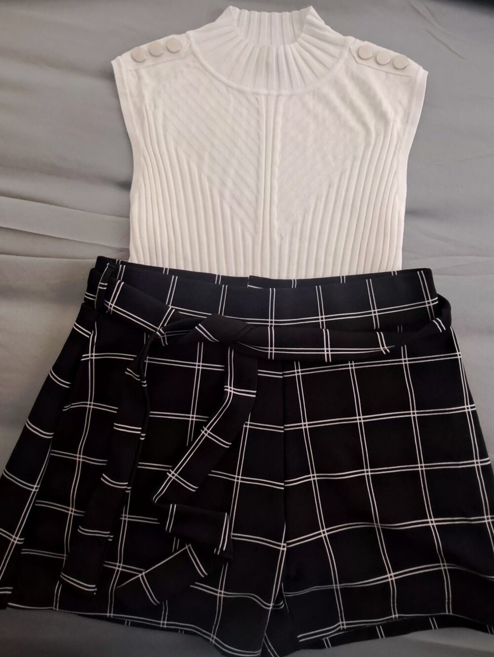 White Ribbed Mock-Neck Top with Black Windowpane Shorts Set